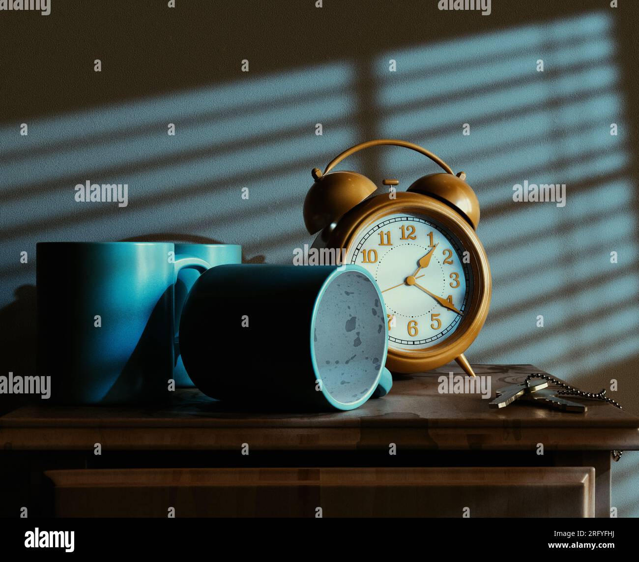 A concept scene showing a vintage alarm clock on a bed side table with dirty coffee mugs keys and and a stained top at night - 3D Render Stock Photo