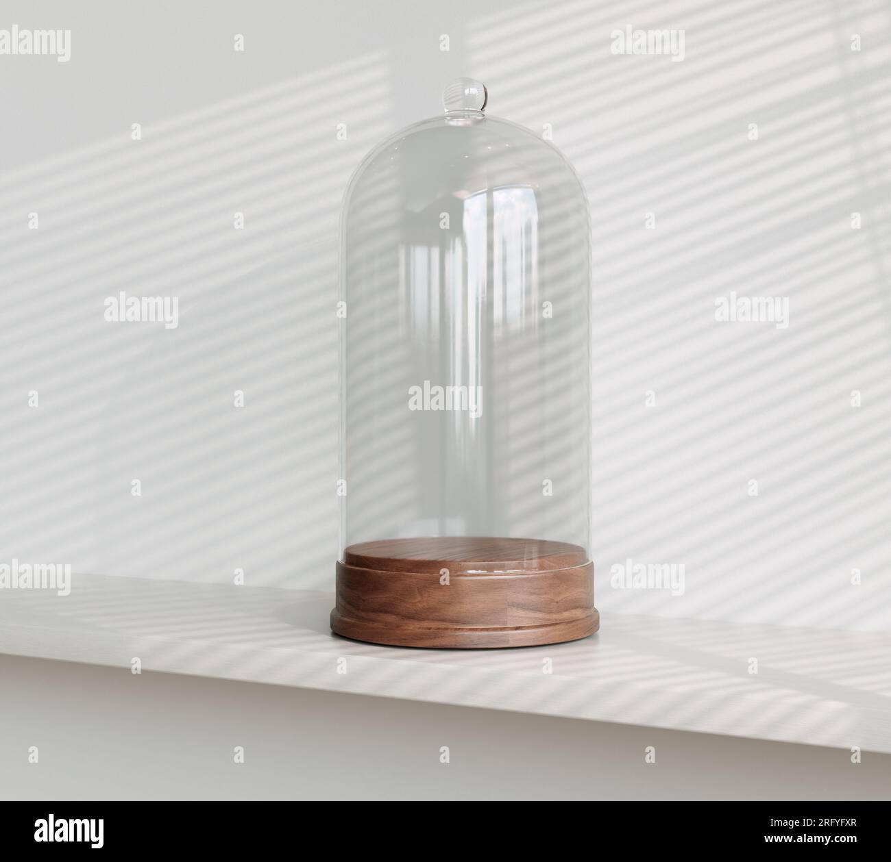 An empty dome shaped glass display case with a wooden base sitting on a white shelf and wall background - 3D render Stock Photo