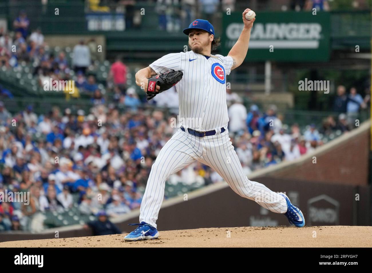 Chicago Cubs starting pitcher Justin Steele wipes his face during the third  inning of a baseball game against the Atlanta Braves in Chicago, Sunday,  Aug. 6, 2023. (AP Photo/Nam Y. Huh Stock