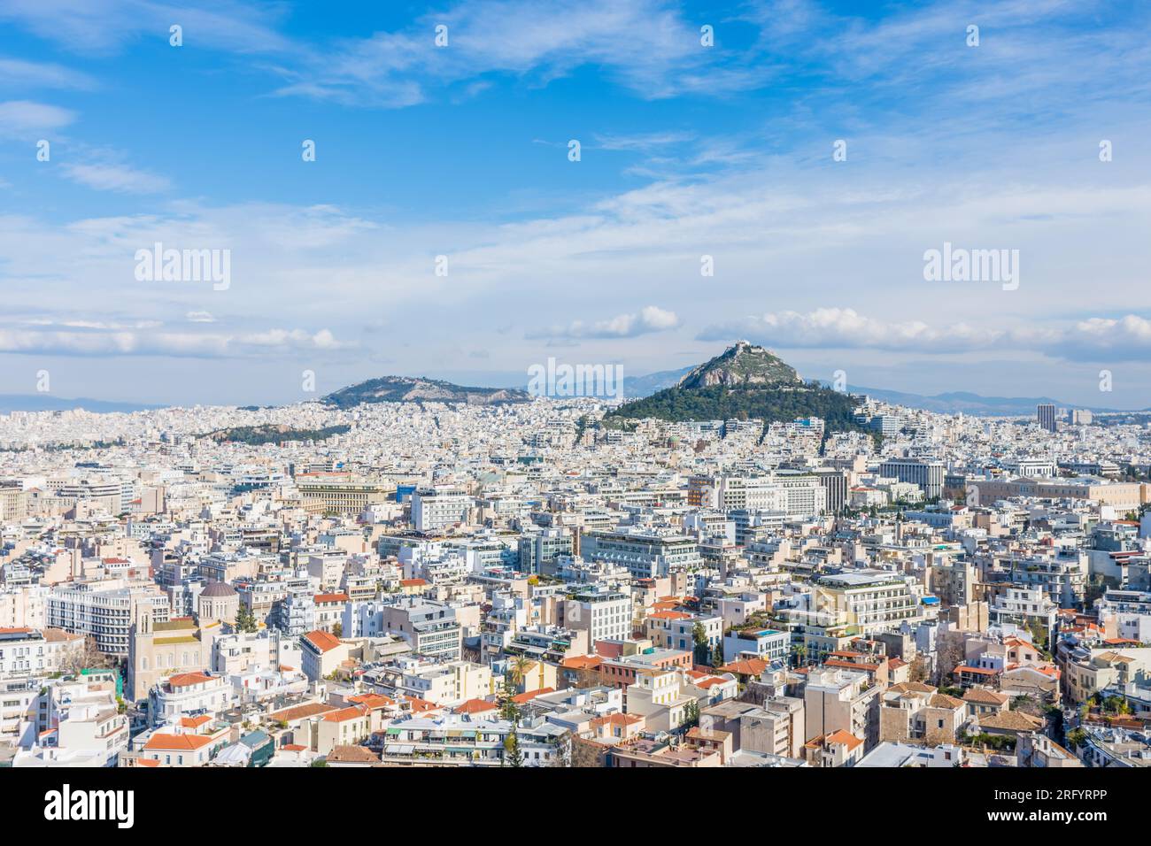 Panoramic view of Athens and mount Lycabettus from Acropolis Stock Photo