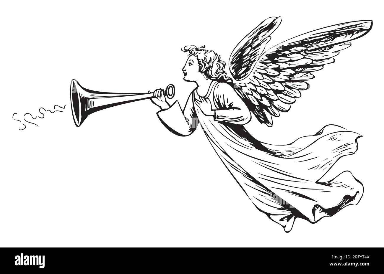 Angel with wings blowing the tune sketch hand drawn in doodle style Stock Vector