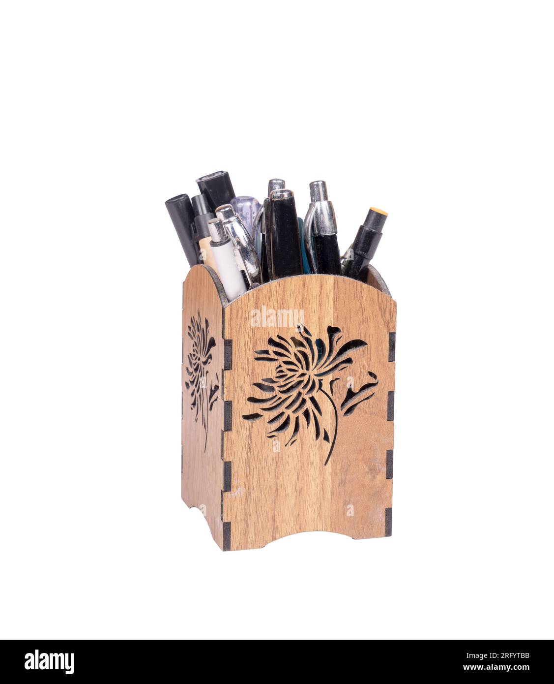 a wooden pen holder decorated with a transparent background Stock Photo