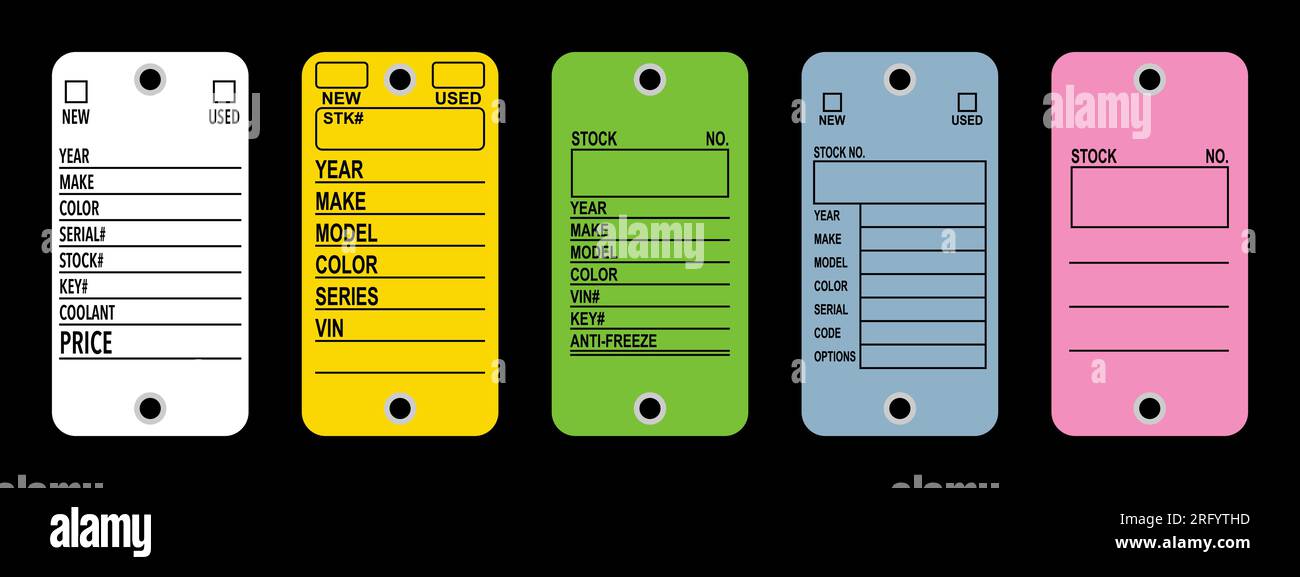 Automotive car dealer key tags vector set. Five different version Stock