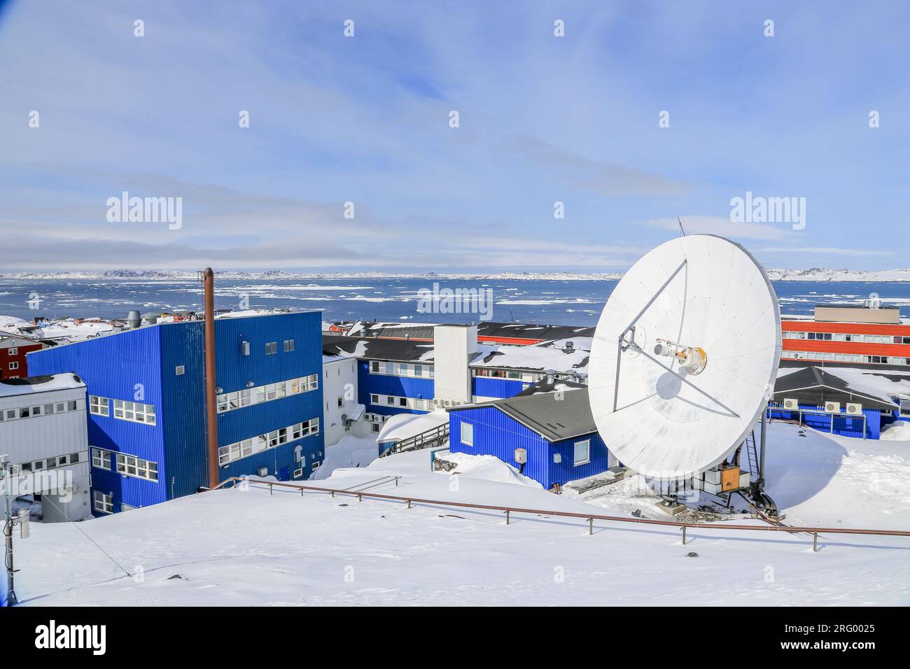 Arctic station covered in snow and Nuuk city fjord view, Greenland Stock Photo