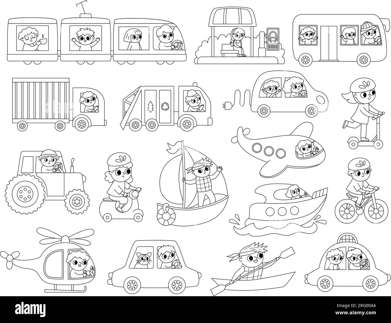 Vector black and white transportation set with children. Funny line water, land, air transport collection with drivers for kids. Cars and vehicles cli Stock Vector