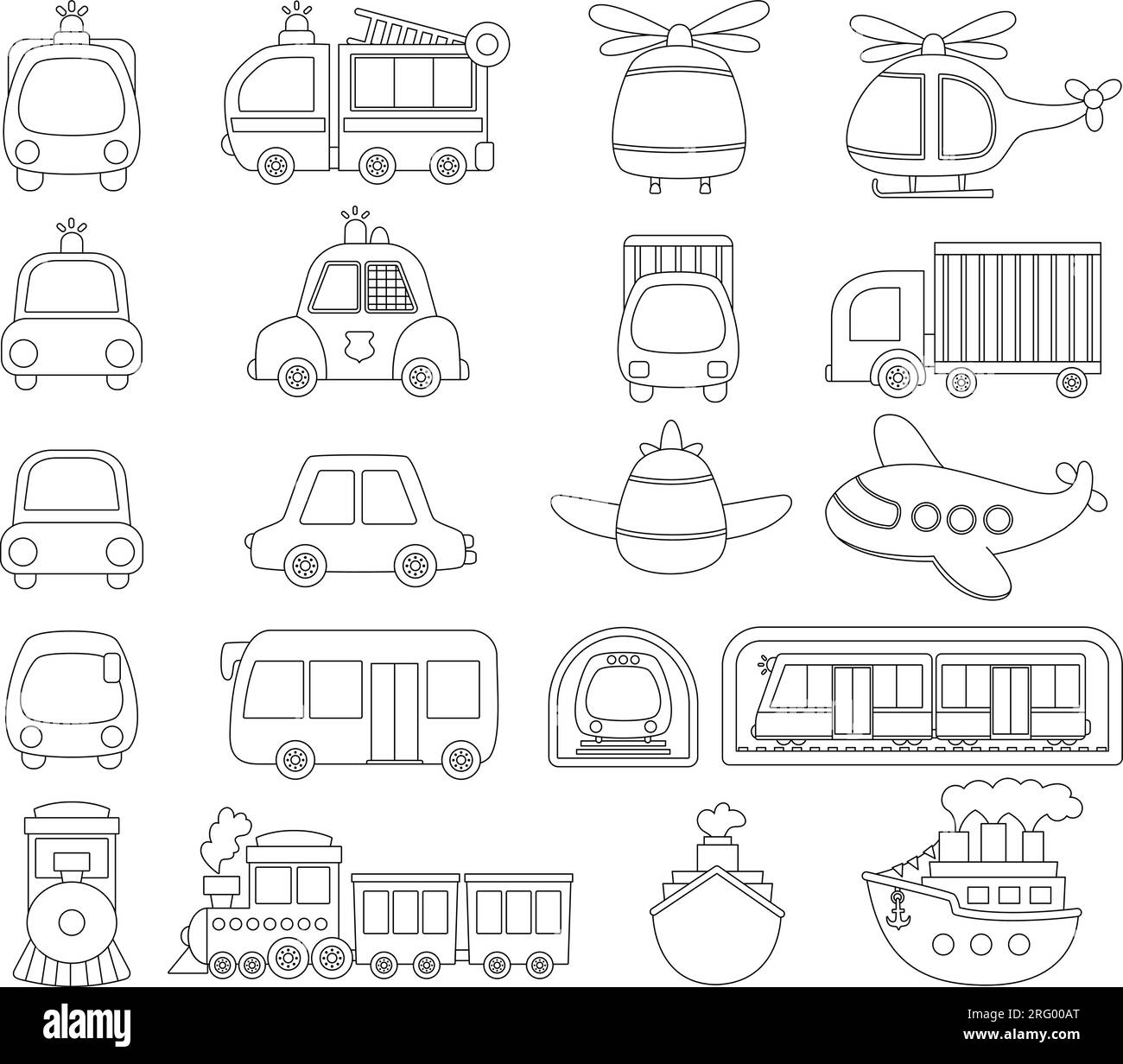 Vector black and white transportation set with front and side view. Funny line water, land, air underground transport for kids. Cars and vehicles clip Stock Vector