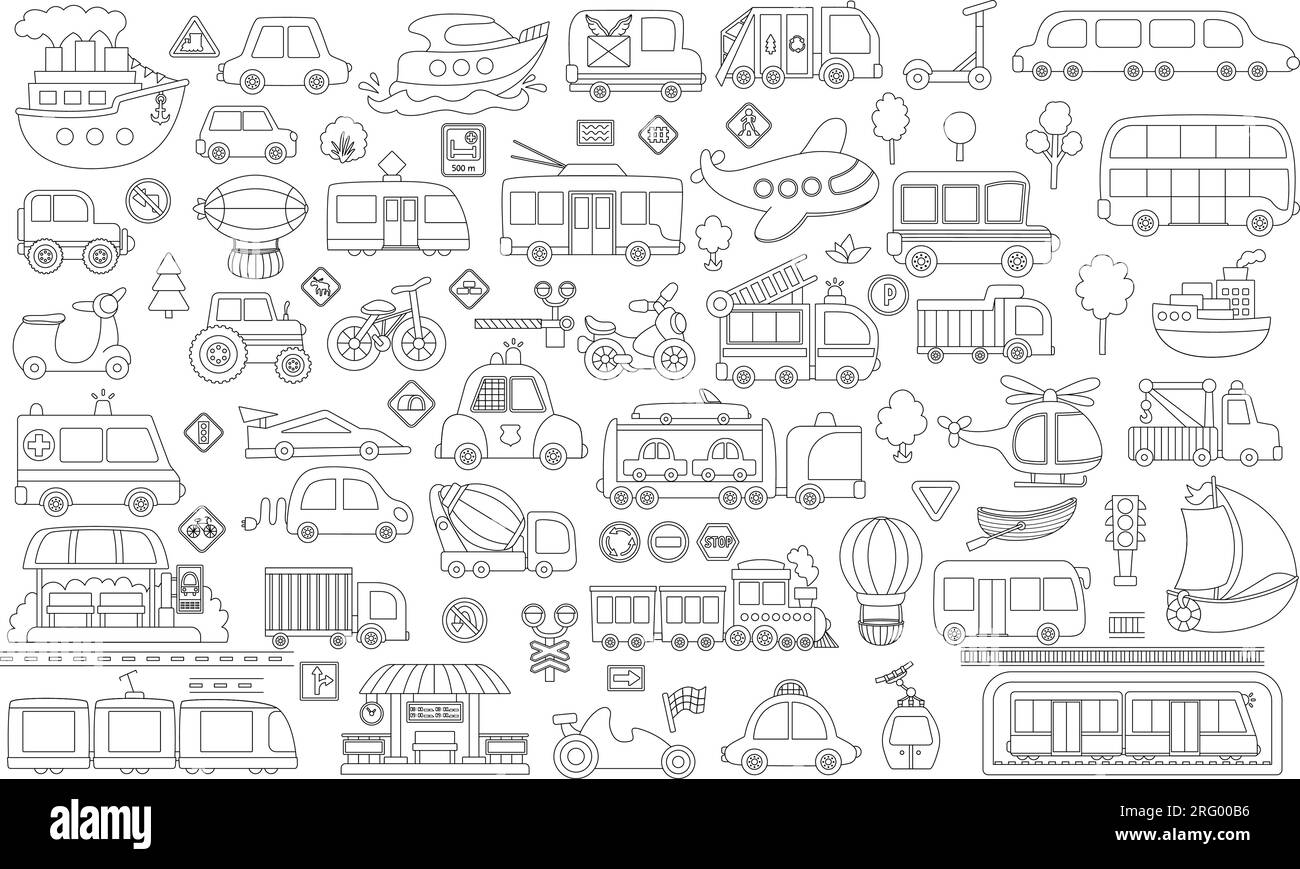 Vector black and white transportation set. Funny line water, land, air underground transport collection for kids. Cars and vehicles clip art. Cute tra Stock Vector