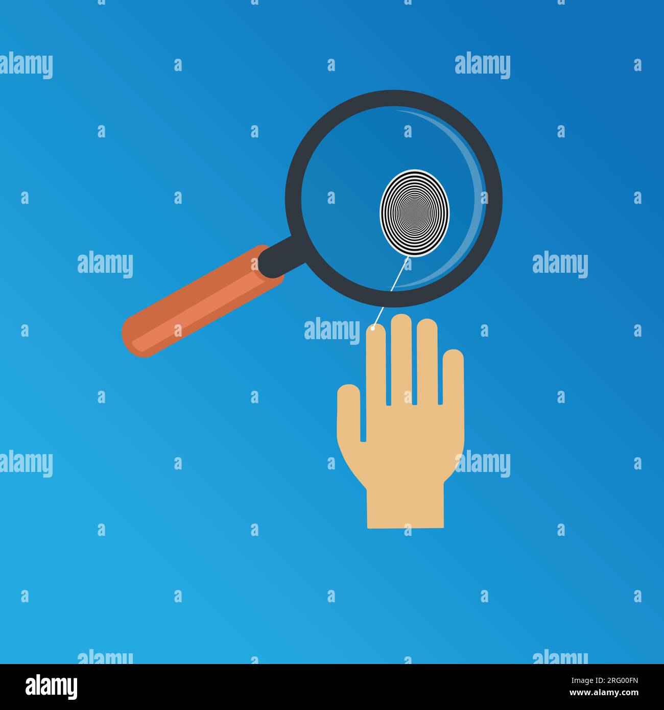 Human hand with fingerprint and magnifying glass, fingerprinting identification concept Stock Vector