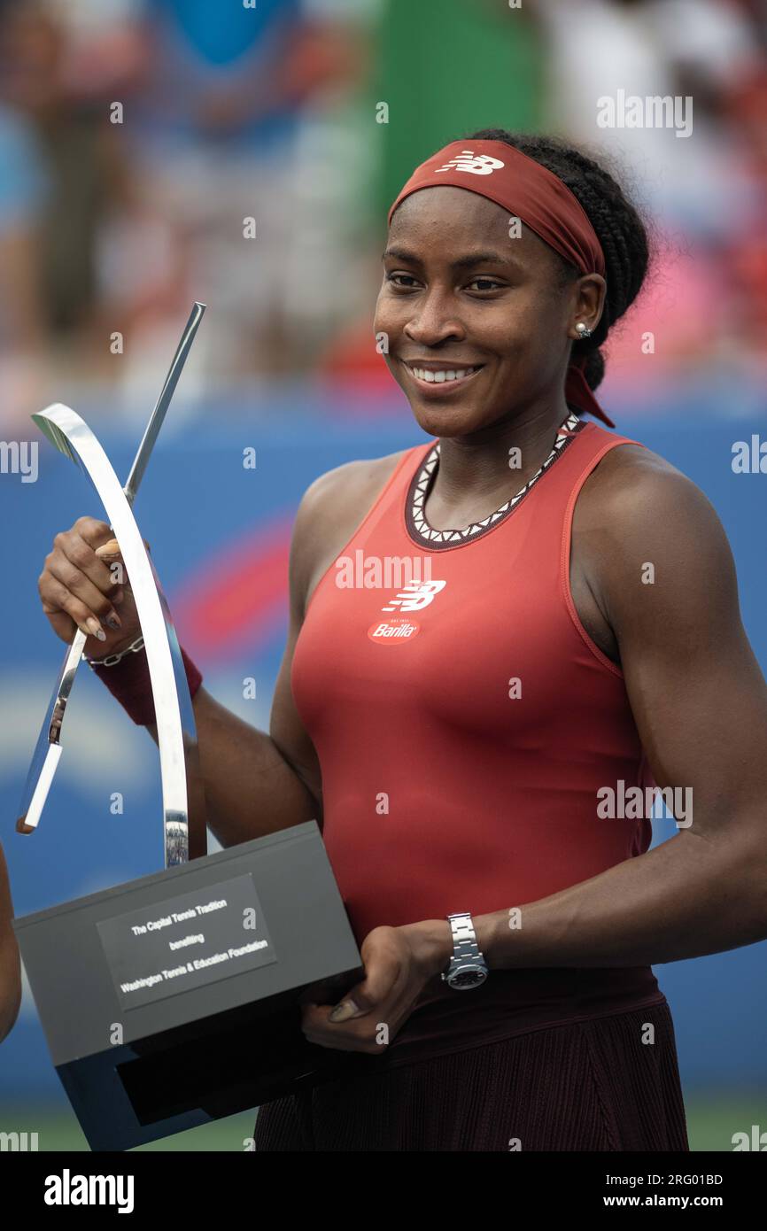 Washington, D.C, USA. 30th July, 2021. COCO GAUFF displays the trophy after winning the women's singles final of the Mubadala Citi Open at the Rock Creek Tennis Center. (Credit Image: © Kyle Gustafson/ZUMA Press Wire) EDITORIAL USAGE ONLY! Not for Commercial USAGE! Stock Photo