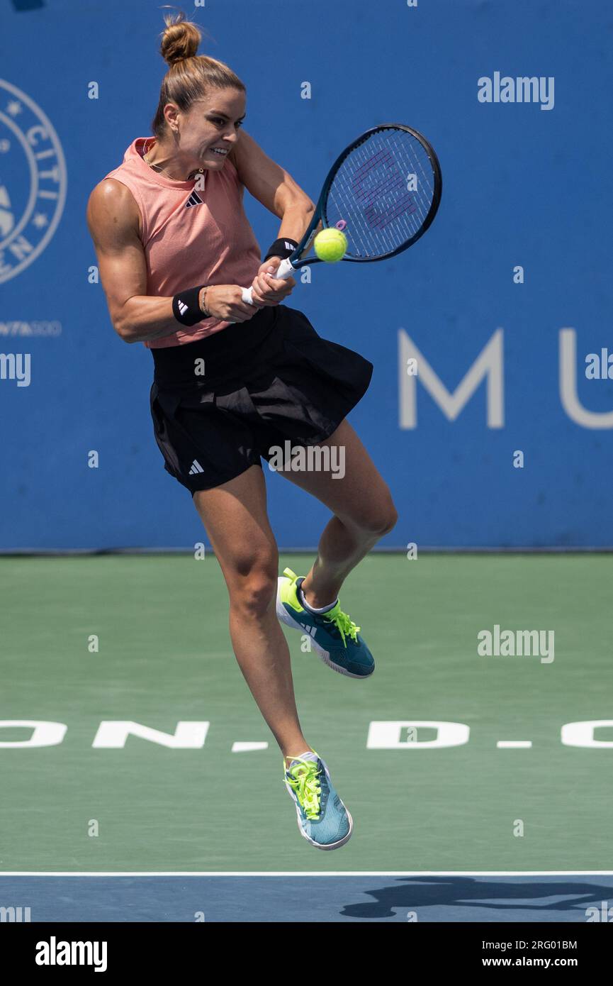 Washington, D.C, USA. 30th July, 2021. MARIA SAKKARI hits a backhand during the women's singles final of the Mubadala Citi Open at the Rock Creek Tennis Center. (Credit Image: © Kyle Gustafson/ZUMA Press Wire) EDITORIAL USAGE ONLY! Not for Commercial USAGE! Stock Photo