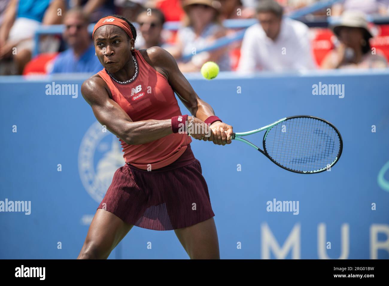 Washington, D.C, USA. 30th July, 2021. COCO GAUFF hits a backhand during the women's singles final of the Mubadala Citi Open at the Rock Creek Tennis Center. (Credit Image: © Kyle Gustafson/ZUMA Press Wire) EDITORIAL USAGE ONLY! Not for Commercial USAGE! Stock Photo