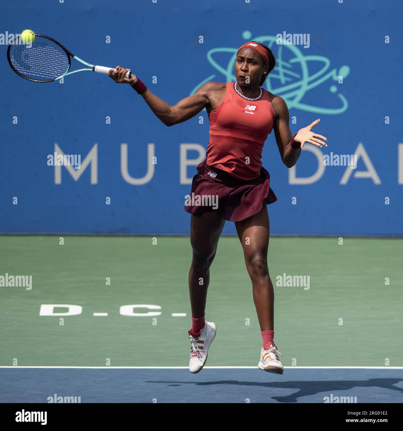 Washington, D.C, USA. 30th July, 2021. COCO GAUFF hits a forehand during the women's singles final of the Mubadala Citi Open at the Rock Creek Tennis Center. (Credit Image: © Kyle Gustafson/ZUMA Press Wire) EDITORIAL USAGE ONLY! Not for Commercial USAGE! Stock Photo
