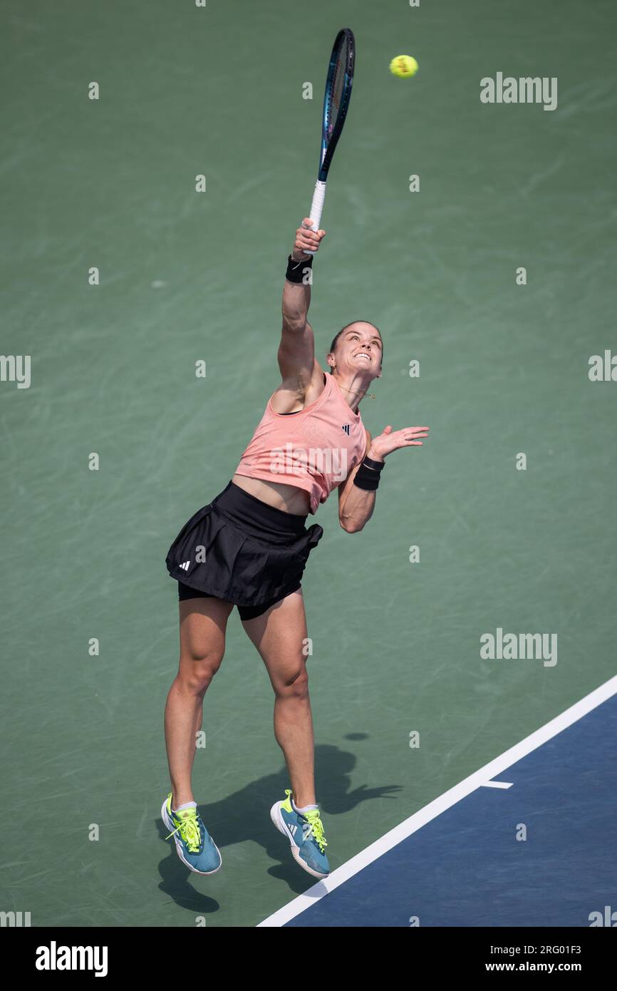 Washington, D.C, USA. 30th July, 2021. MARIA SAKKARI hits a serve during the women's singles final of the Mubadala Citi Open at the Rock Creek Tennis Center. (Credit Image: © Kyle Gustafson/ZUMA Press Wire) EDITORIAL USAGE ONLY! Not for Commercial USAGE! Stock Photo