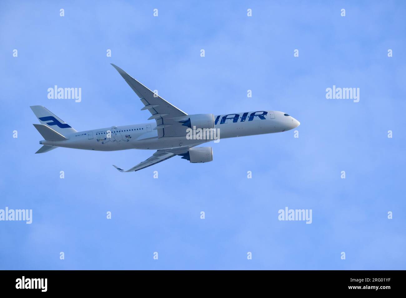 Helsinki / Finland - AUGUST 5, 2023: An Airbus A350, operated by the Finnish flag carrier Finnair, departing from Helsinki Airport. Stock Photo