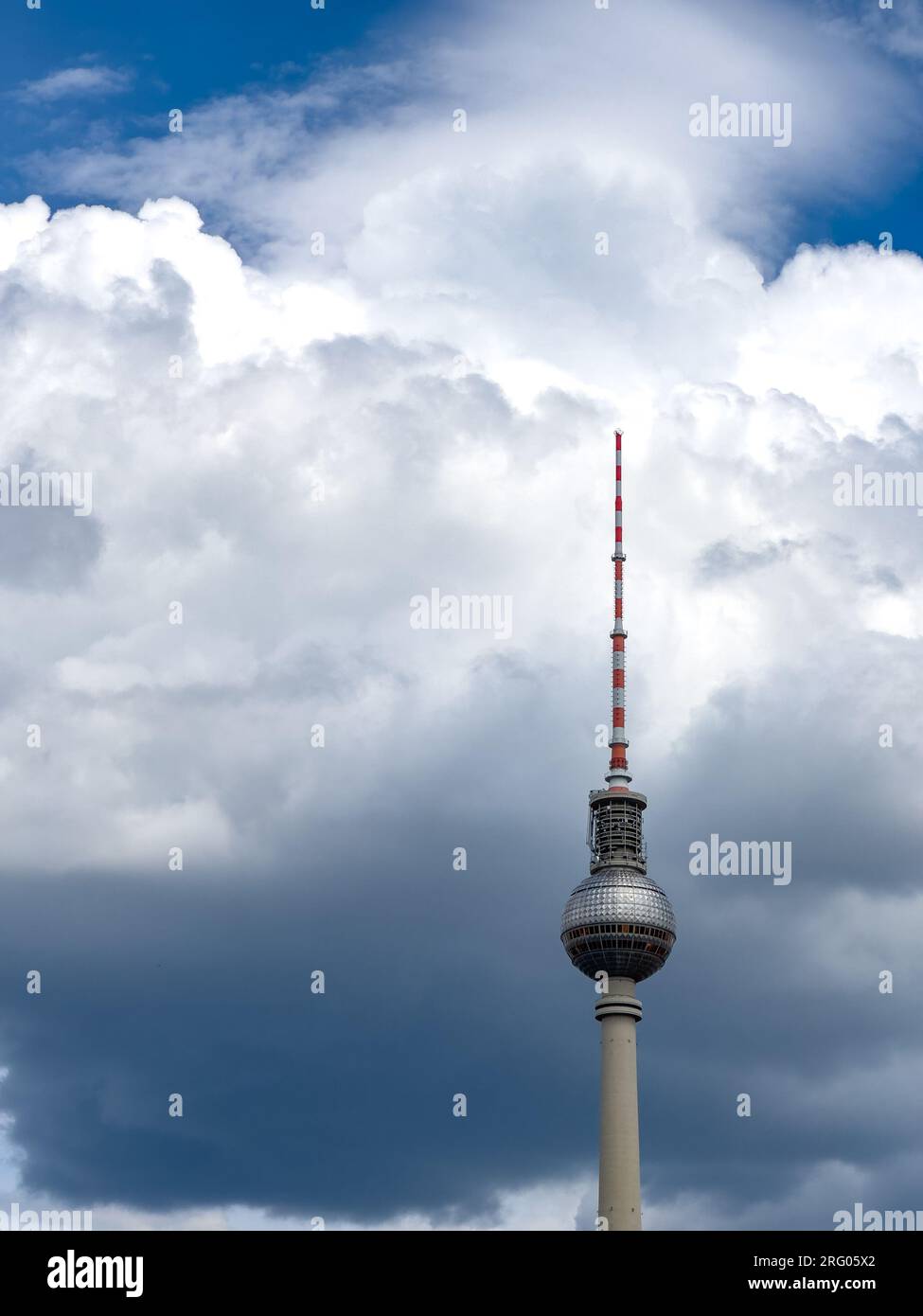 BERLIN, GERMANY - JULY 22, 2023: Alexanderplatz TV tower on the beautiful blue sky background with  clouds. Stock Photo