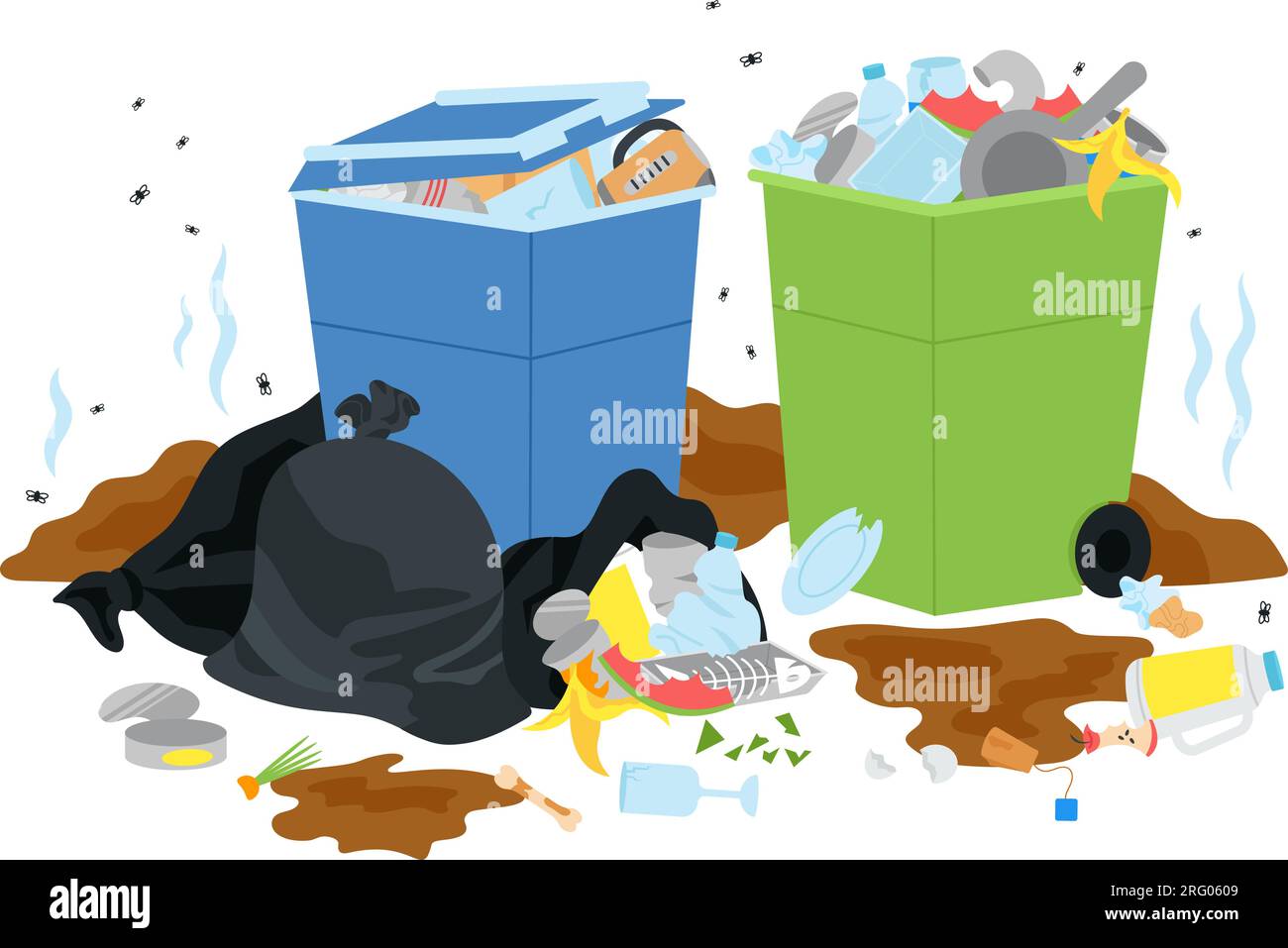 Street waste bins, full garbage city plastic containers and flying fly. Trashed rubbish in bag, overflow bin. Town dumpster decent vector scene Stock Vector