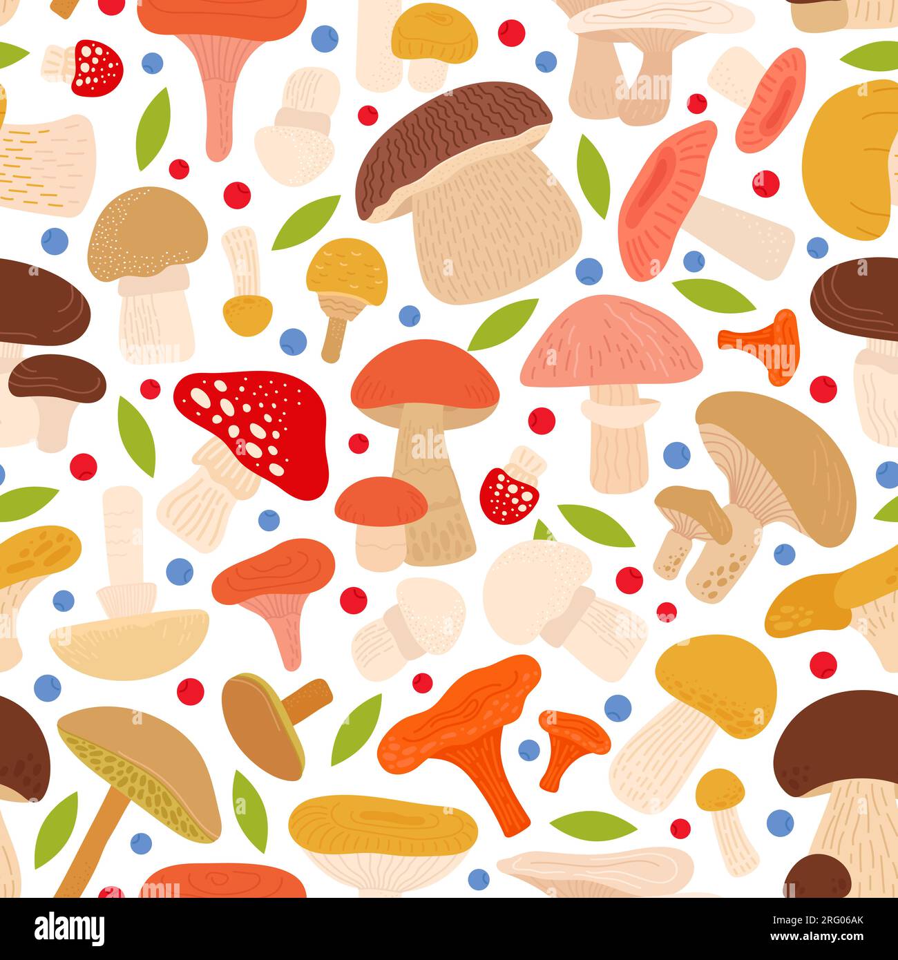 Mushroom seamless pattern. Forest planting, autumn mushroom, leaves and berries. Fall wild nature elements, harvest decent vector fabric print Stock Vector