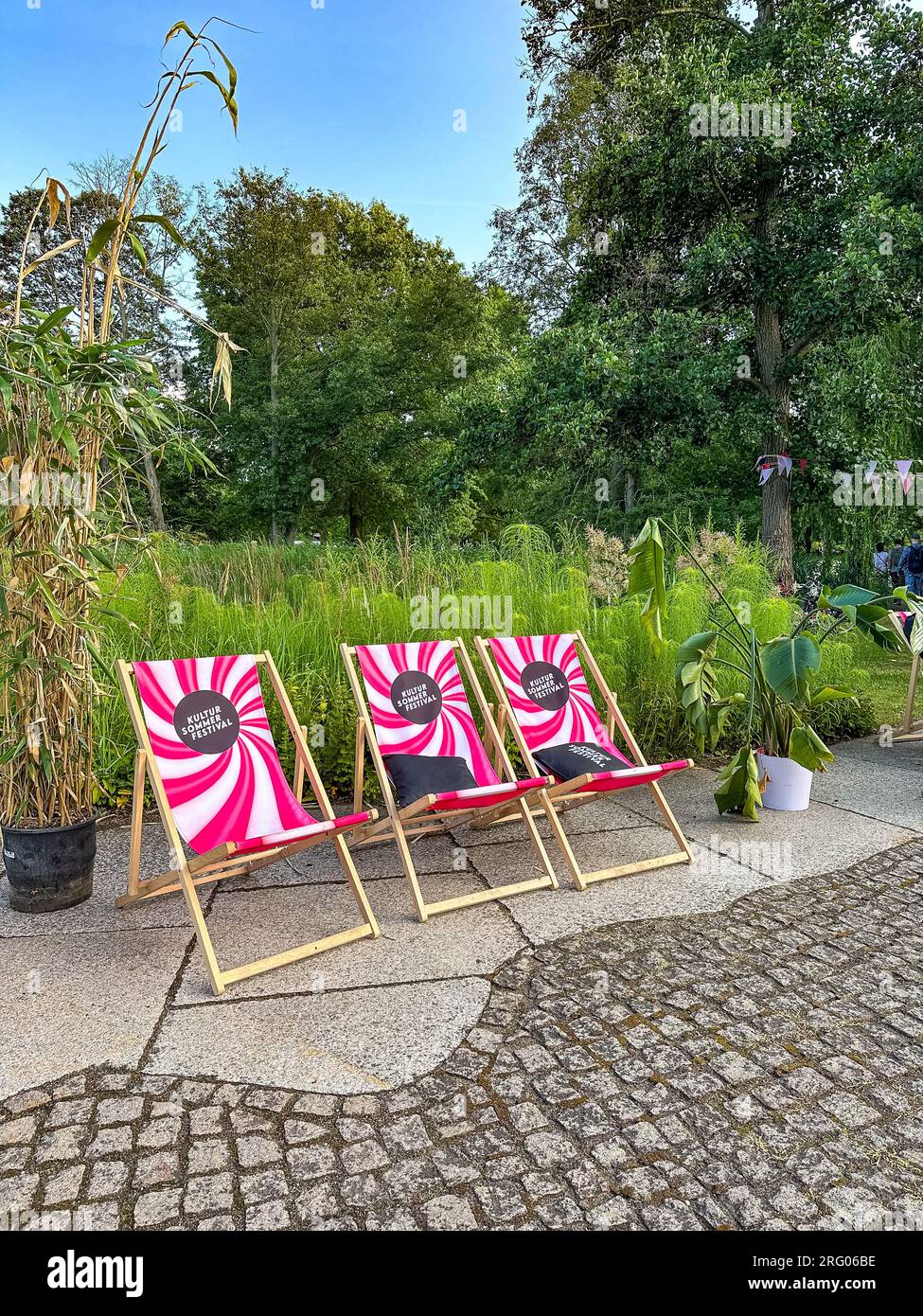 BERLIN, GERMANY JULY 22, 2023 Sun loungers and umbrellas with the