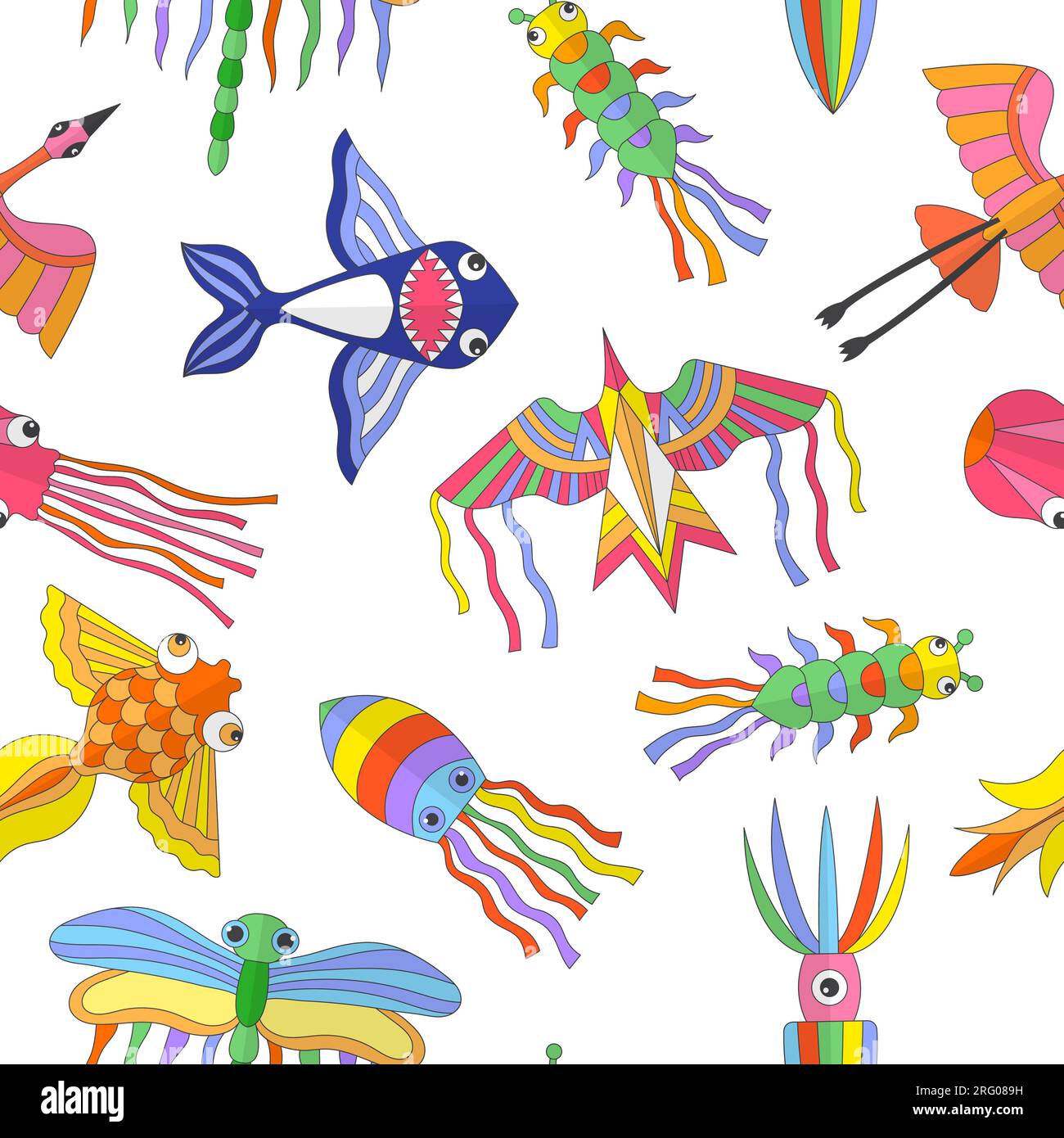 Kites pattern. Colored cartoon flying funny kites. Vector seamless background Stock Vector