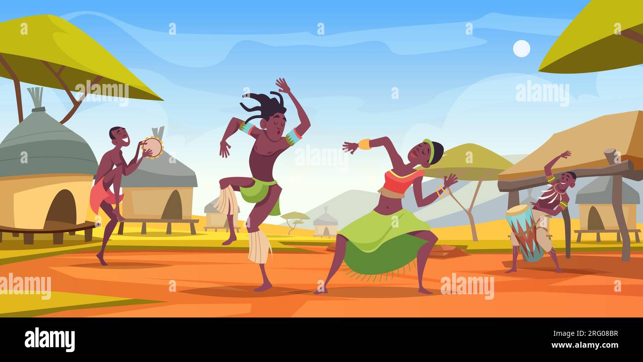 African people. Tribal authentic african characters outdoor landscape moving and dancing exact vector cartoon template Stock Vector