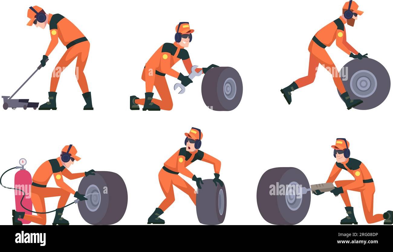 Pit stop. Sport racer mechanics changing tire at racing cars exact vector illustrations set Stock Vector