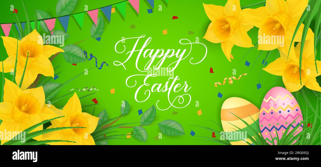 Happy Easter Lettering, Garland, Daffodils Stock Vector