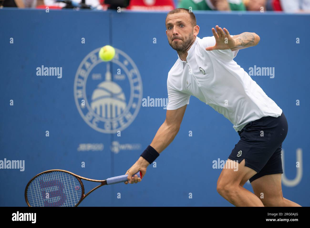 Washington, D.C, USA. 30th July, 2021. DAN EVANS hits a forehand during the men's singles final of the Mubadala Citi Open at the Rock Creek Tennis Center. (Credit Image: © Kyle Gustafson/ZUMA Press Wire) EDITORIAL USAGE ONLY! Not for Commercial USAGE! Stock Photo