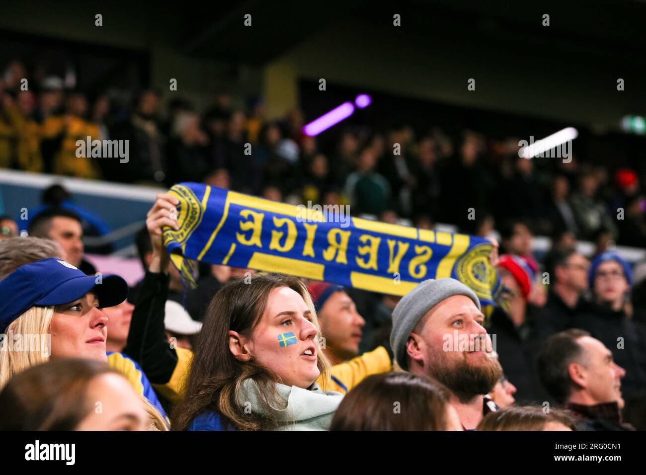 Melbourne, Australia, 6 August, 2023. Swedish fans hold flags during the Women's World Cup football match between Sweden and USA at AAMI Park on August 06, 2023 in Melbourne, Australia. Credit: Dave Hewison/Speed Media/Alamy Live News Stock Photo