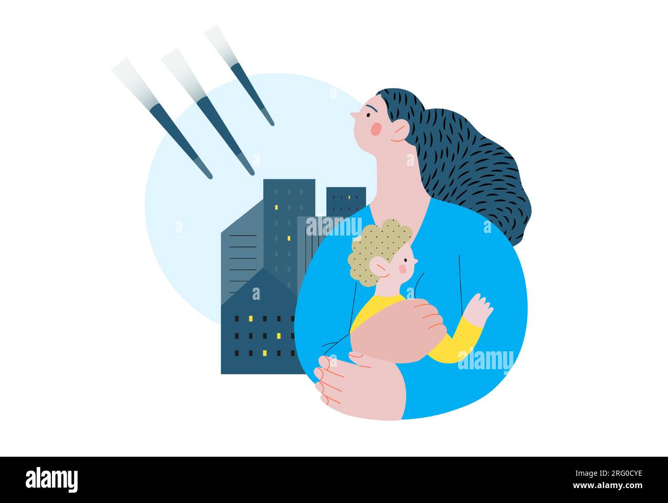 War and peace - Stop war -modern flat vector concept digital illustration of young mother holding a child and shells bombing houses on the background, Stock Vector