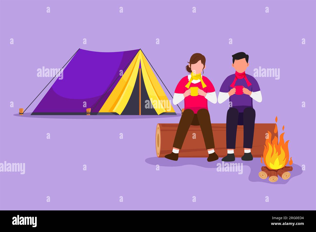 Cartoon flat style drawing romantic couple hikers sitting on log of wood near campfire in forest. Man and woman drinking hot tea, coffee, camping gear Stock Photo