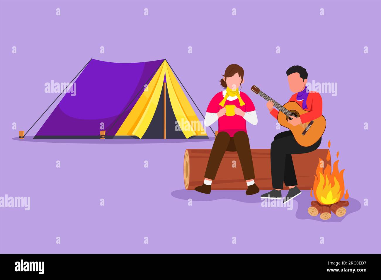 Character flat drawing of man woman sing song at campsite. Girl drinking tea and guy playing guitar, sitting on log near campfire. Romantic couple dat Stock Photo
