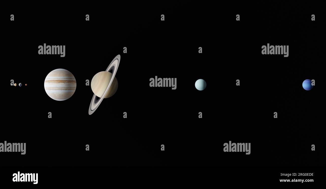 Solar system to scale with Sun and planets: Mercury, Venus, Earth, Mars, Jupiter, Saturn and Uranus. Elements of this image furnished by NASA. Stock Photo