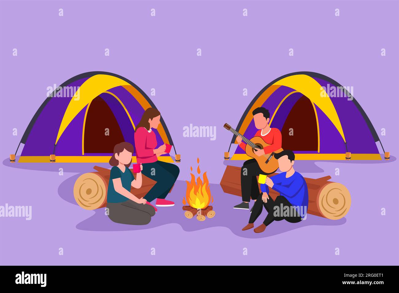 Graphic flat design drawing two romantic couple man and woman getting warm near bonfire. Group of people camping drinking tea sitting on logs and man Stock Photo