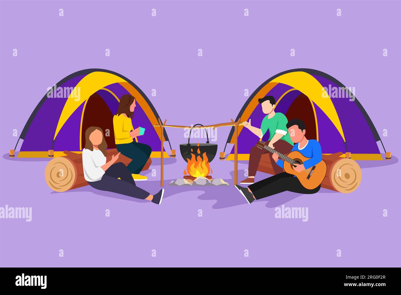 Cartoon flat style drawing two pair man woman hiker sitting on log cooking water in boiling pot. Guy playing guitar and sing with friends at campfire Stock Photo