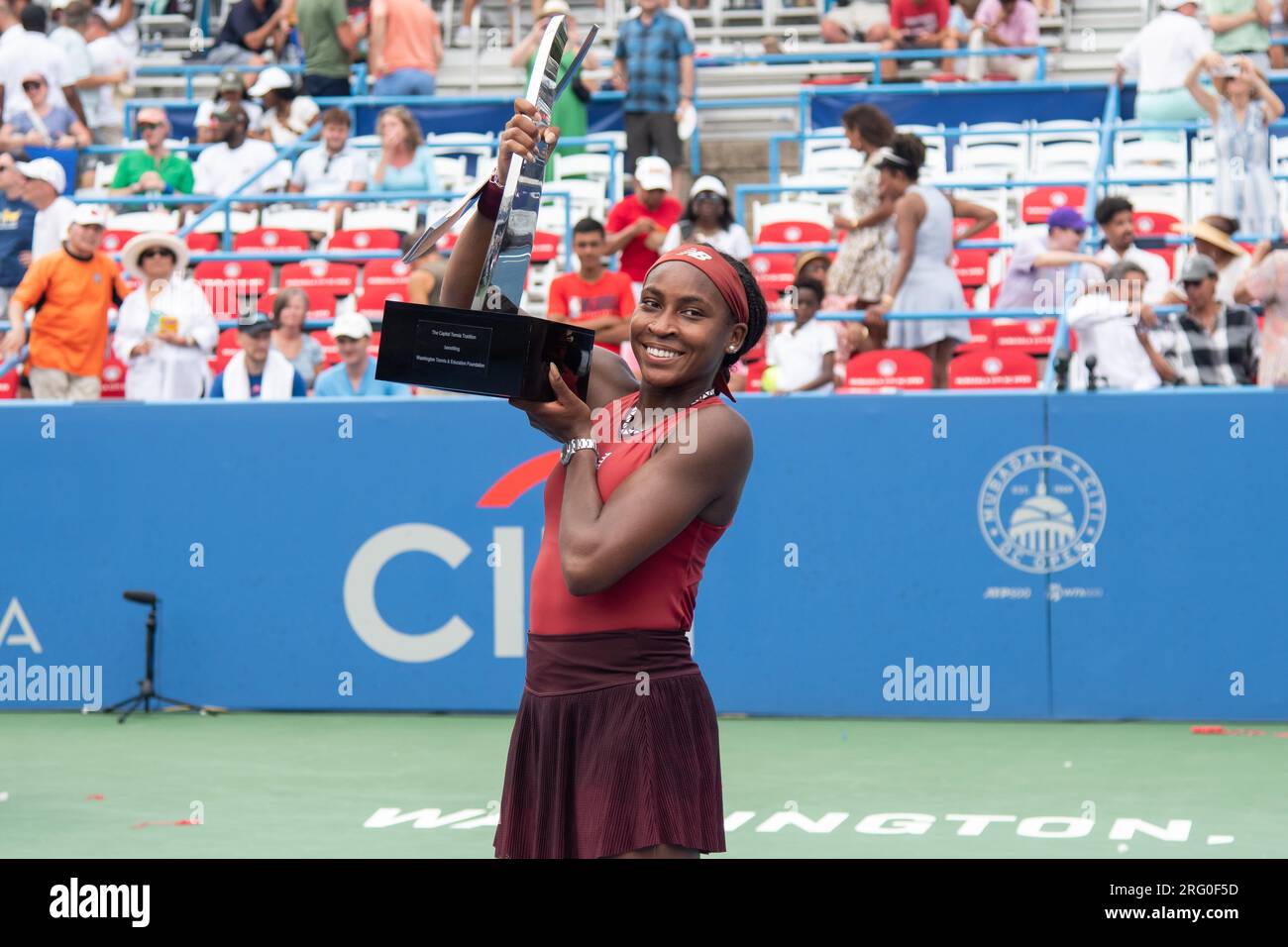 Washington, D.C, USA. 30th July, 2021. COCO GAUFF displays her trophy after winning the women's singles final of the Mubadala Citi Open at the Rock Creek Tennis Center. (Credit Image: © Kyle Gustafson/ZUMA Press Wire) EDITORIAL USAGE ONLY! Not for Commercial USAGE! Stock Photo