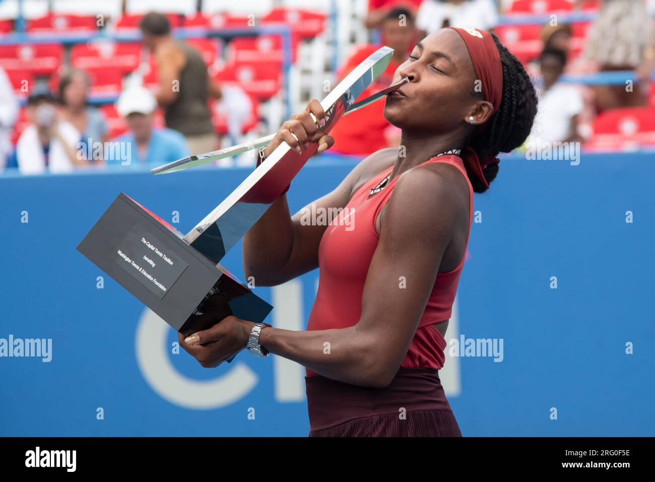Washington, D.C, USA. 30th July, 2021. COCO GAUFF displays her trophy after winning the women's singles final of the Mubadala Citi Open at the Rock Creek Tennis Center. (Credit Image: © Kyle Gustafson/ZUMA Press Wire) EDITORIAL USAGE ONLY! Not for Commercial USAGE! Stock Photo