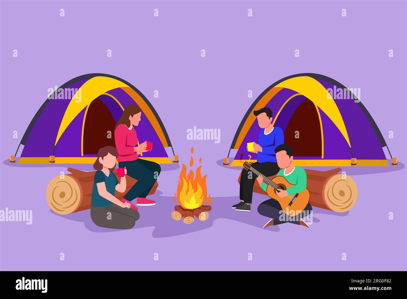 Graphic flat drawing of two couple camping around campfire tents. Group of people sitting on ground, drinking hot tea, man playing guitar, getting war Stock Photo