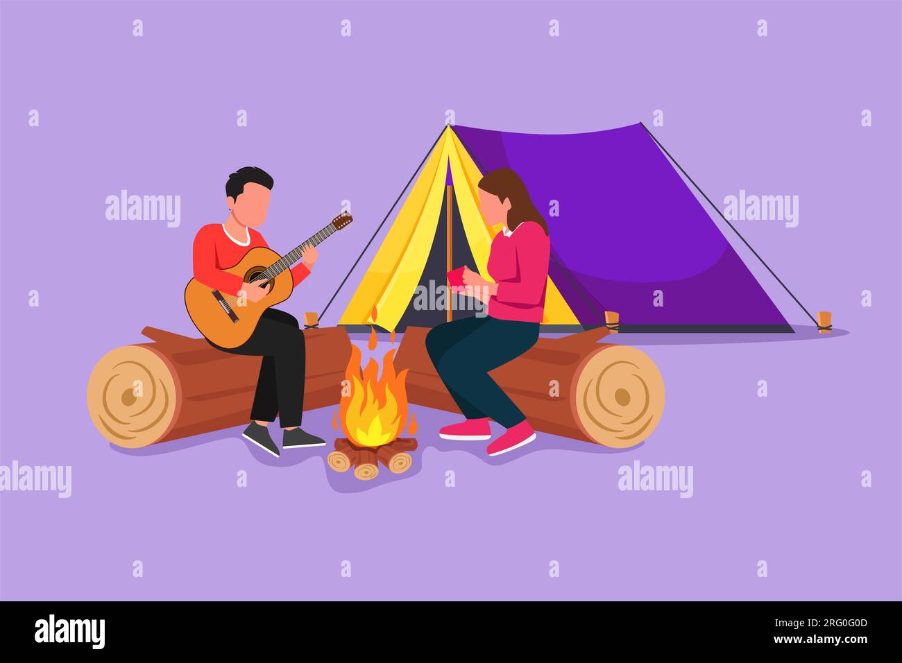 Character flat drawing man woman getting warm near campfire. Girl drinking tea and guy playing guitar, sitting on logs. Couple near bonfire, romantic Stock Photo