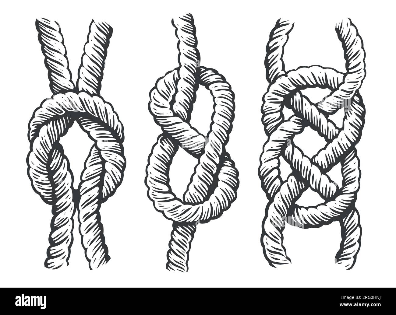 Nautical rope knots set. Marine concept sketch. Vintage vector illustration in engraving style Stock Vector