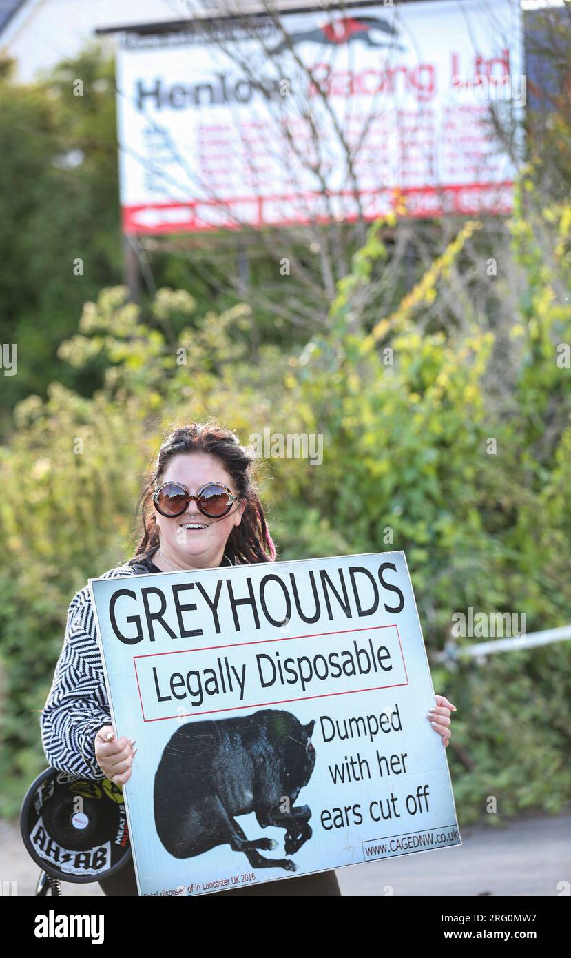 Henlow, UK. 06th Aug, 2023. A protester holds a placard saying 'Greyhounds Legally Disposable' outside the dog stadium during the demonstration. Animal Rights activists protest outside Henlow dog racing track. They are aiming to highlight the cruelty associated with dog racing. In 2021 there were 4422 injuries and 120 deaths on registered greyhound race tracks in the UK. (Photo by Martin Pope/SOPA Images/Sipa USA) Credit: Sipa USA/Alamy Live News Stock Photo