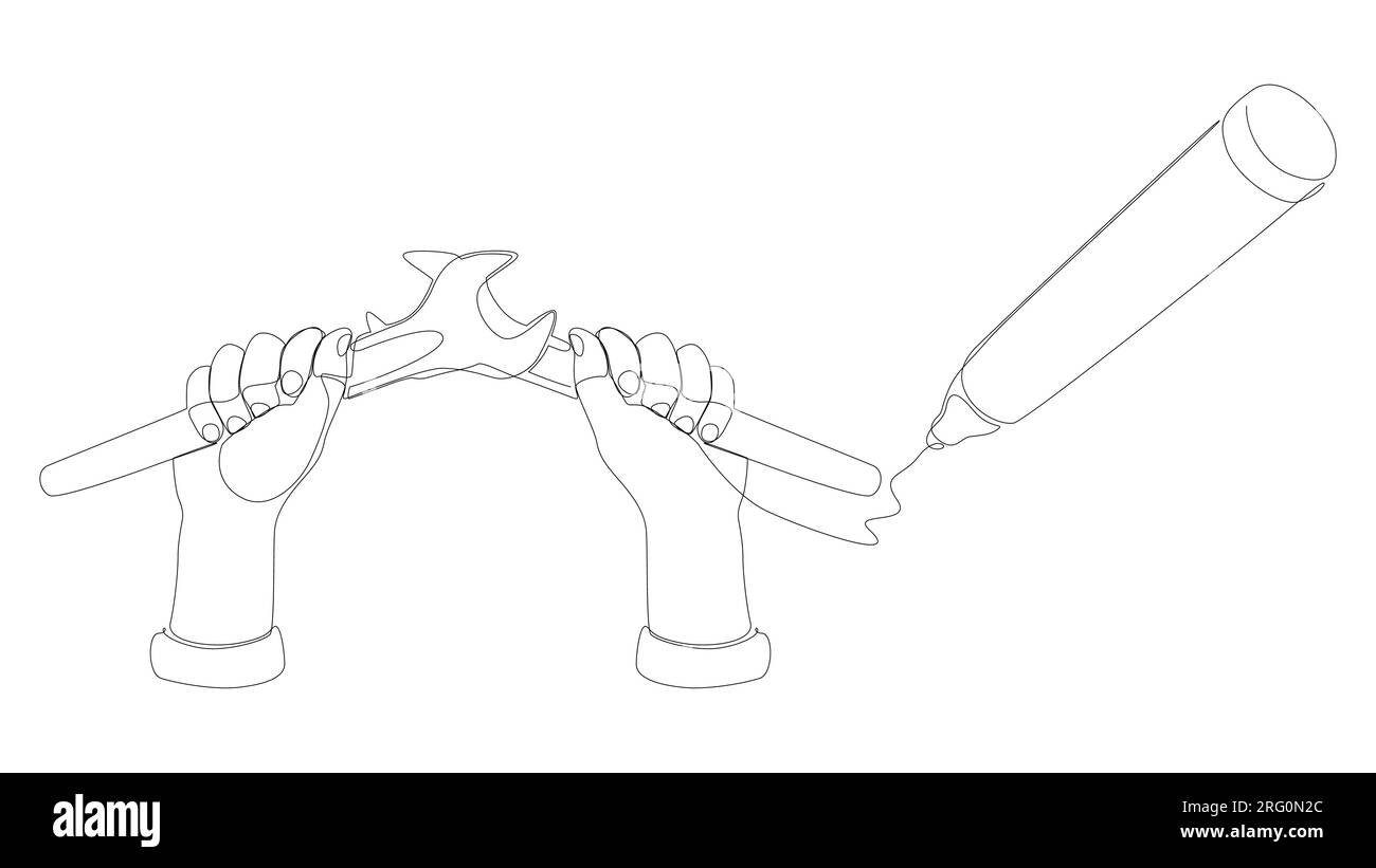 One continuous line of Wrench drawn with a pencil, felt tip pen. Thin