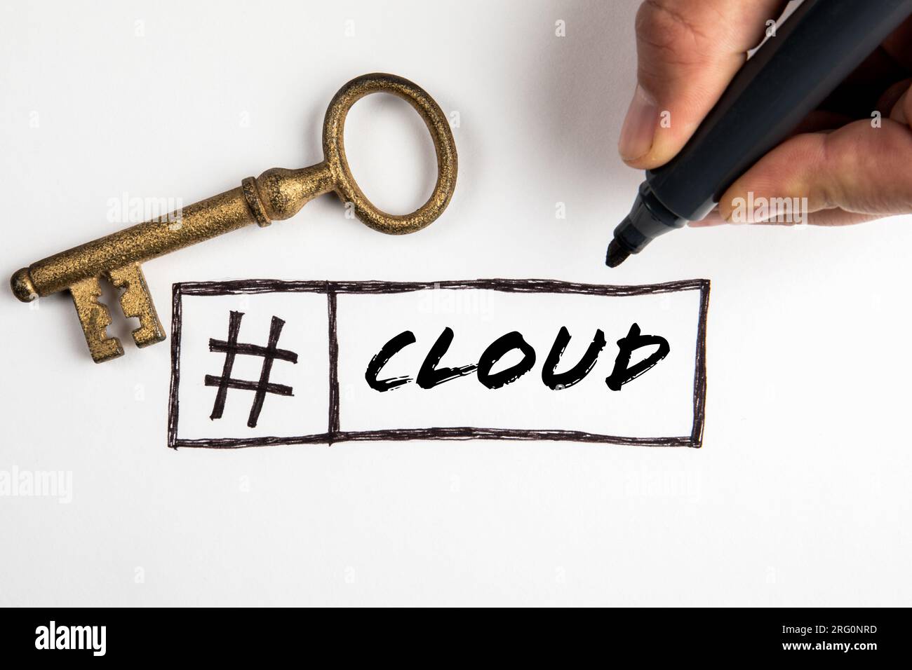 Cloud computing concept. Text and gold key on white background. Stock Photo