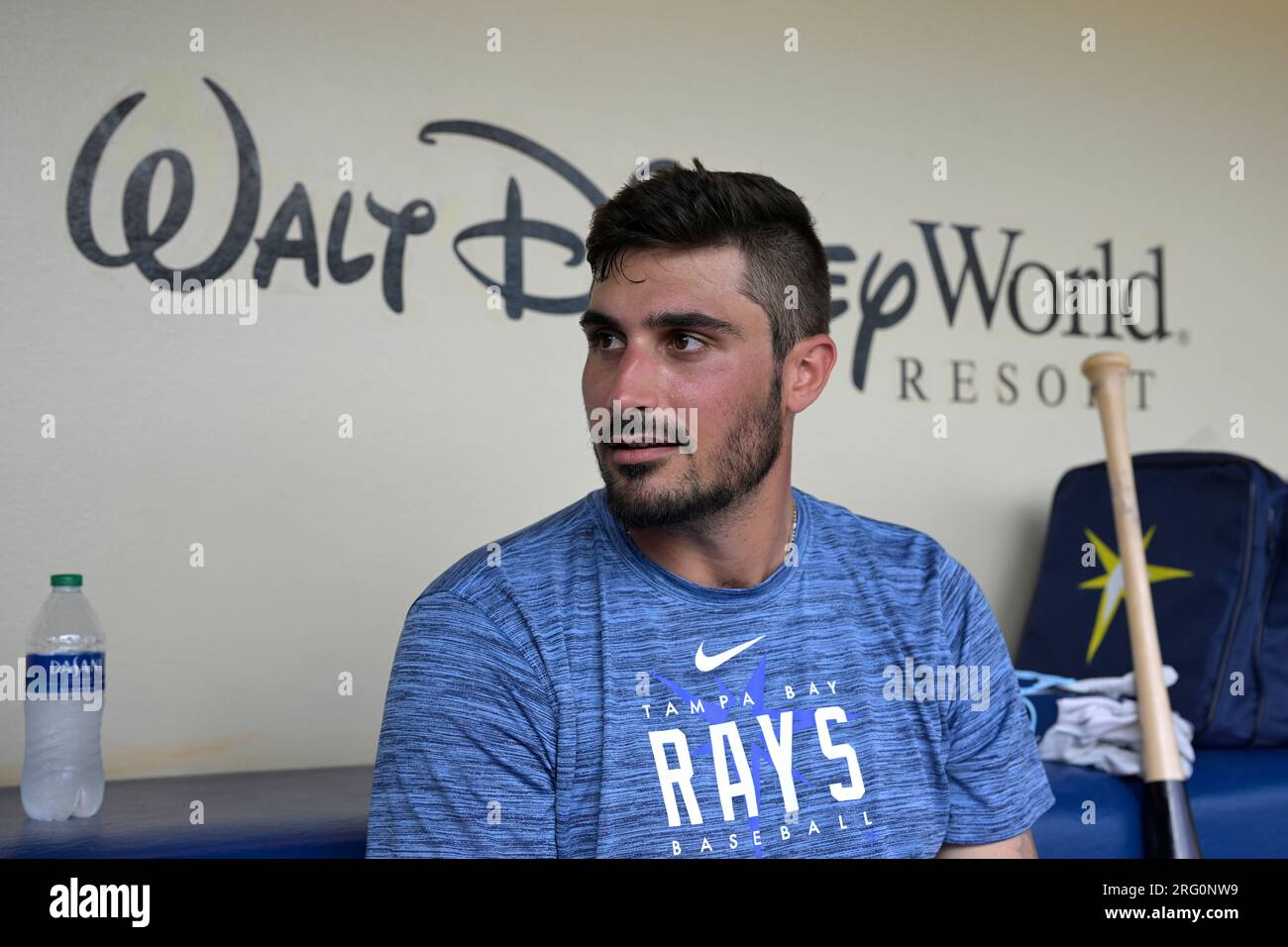 Tampa Bay Rays pitcher Zach Eflin answers questions from a reporter in