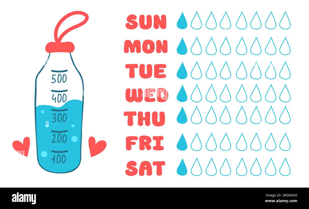 Water tracker template with sport bottle. Drinking water checklist