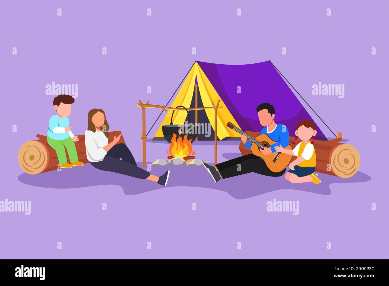 Graphic flat design drawing happy family around campfire tent, boil water in pot for dinner, sitting on logs. Dad playing guitar and sing song with mo Stock Photo