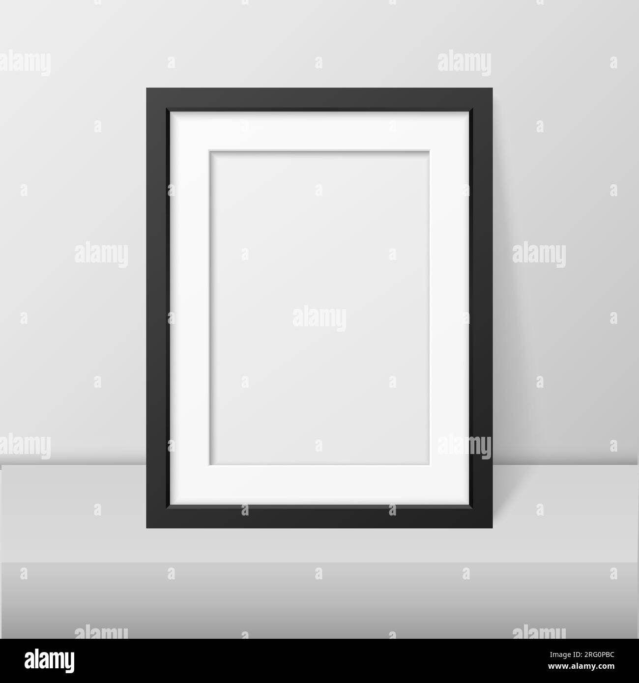 Vector realistic blank black picture frame closeup standing on white