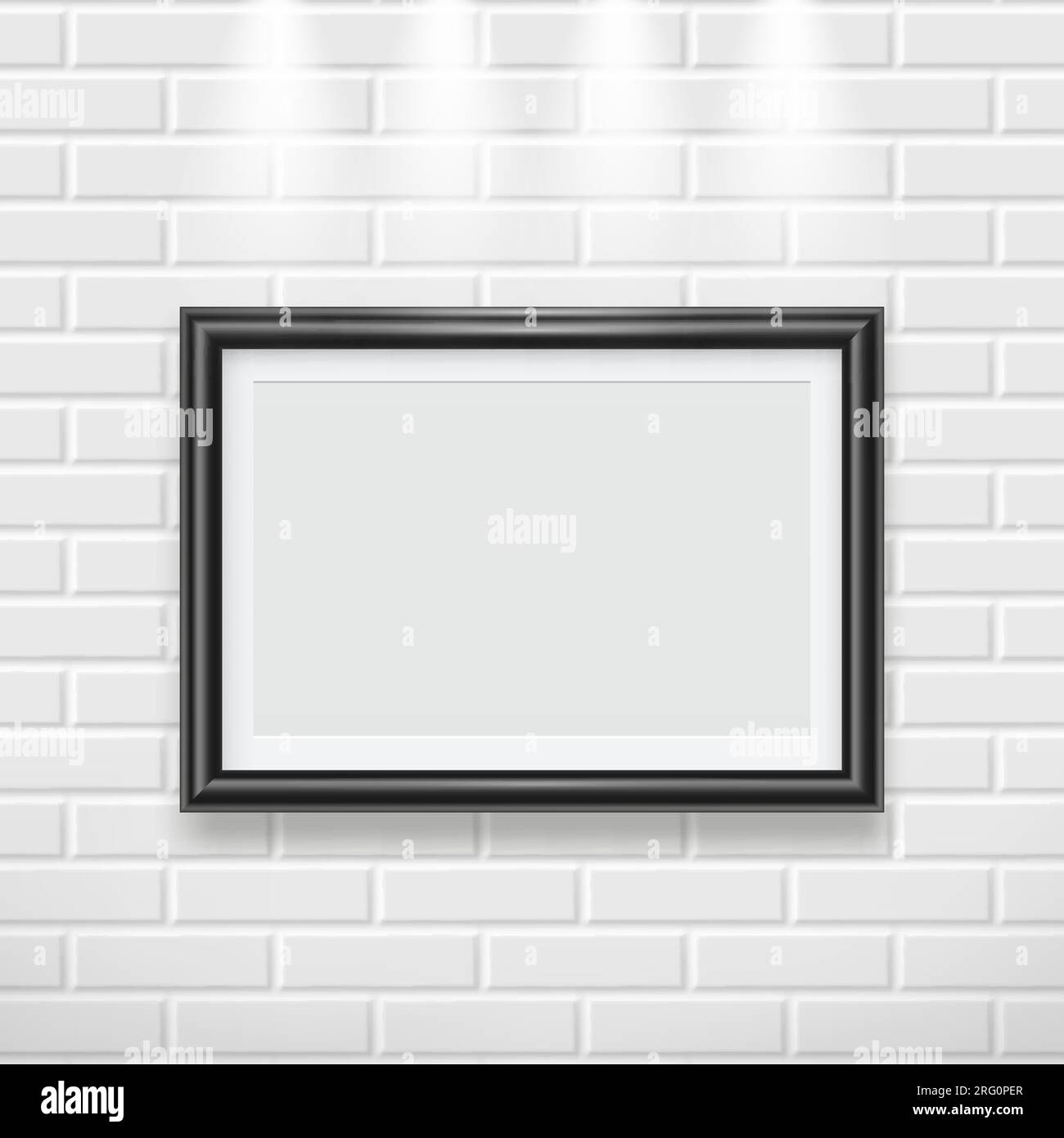 Blank canvas hanging on white wall, space for text Stock Photo