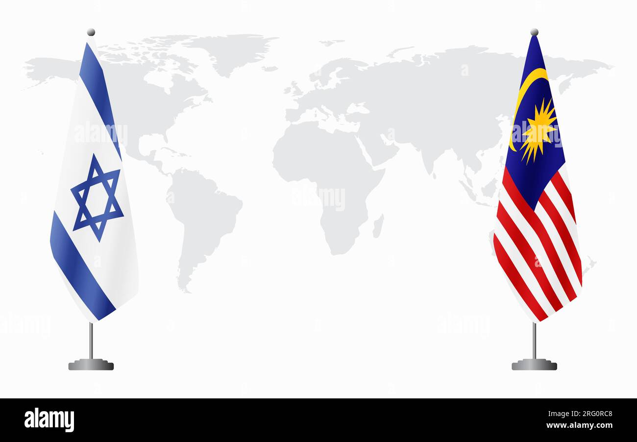 Israel and Malaysia flags for official meeting against background of world map. Stock Vector