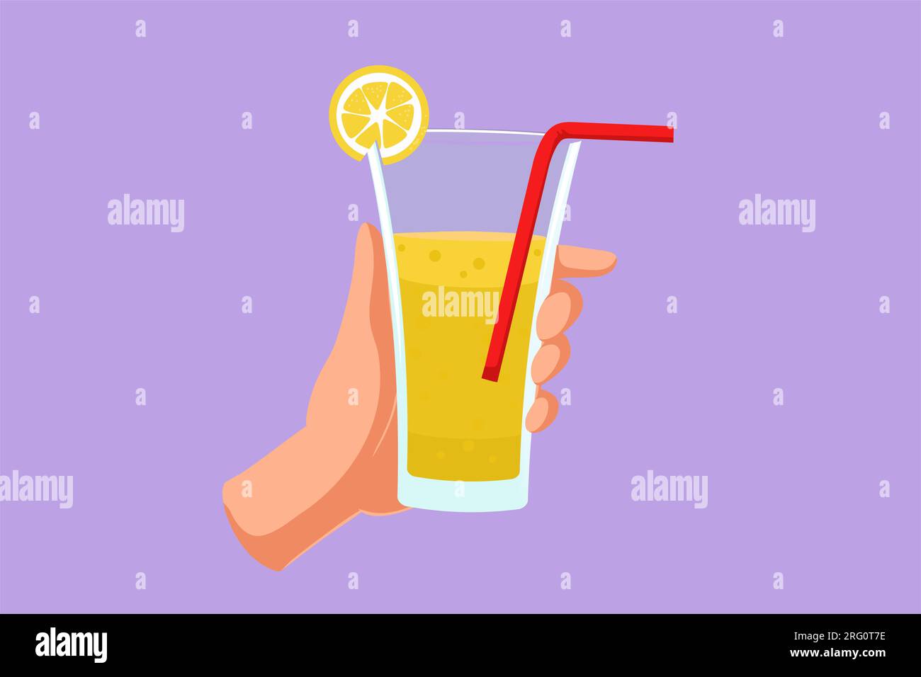 Cartoon flat style drawing lemonade served with ice cubes, hand holding refreshing beverage glass. Drink made of fresh lemon juice. Juicy water with s Stock Photo