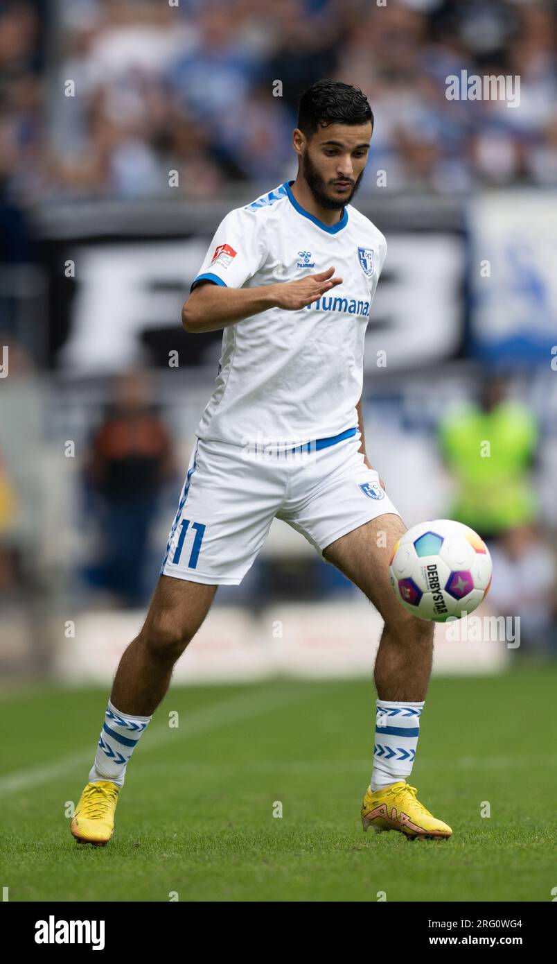 Magdeburg, Germany. 06th Aug, 2023. Soccer: 2nd Bundesliga, 1. FC Magdeburg - Eintracht Braunschweig, Matchday 2, MDCC-Arena. Magdeburg's Mohammed El Hankouri in action. Credit: Hendrik Schmidt/dpa - IMPORTANT NOTE: In accordance with the requirements of the DFL Deutsche Fußball Liga and the DFB Deutscher Fußball-Bund, it is prohibited to use or have used photographs taken in the stadium and/or of the match in the form of sequence pictures and/or video-like photo series./dpa/Alamy Live News Stock Photo
